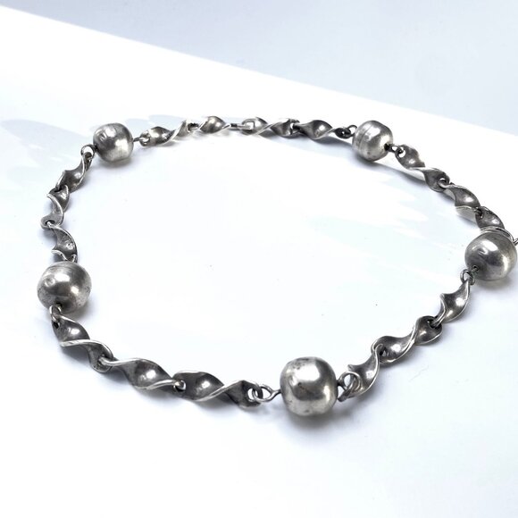 Vintage 50s Mexican Sterling Silver Necklace — Twisted Chain & Spheres EUC - Picture 2 of 8